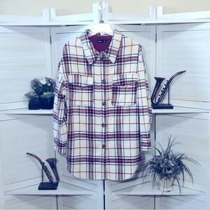 Akair Burgundy Blue Plaid Flannel Wool Blend Shacket - Medium